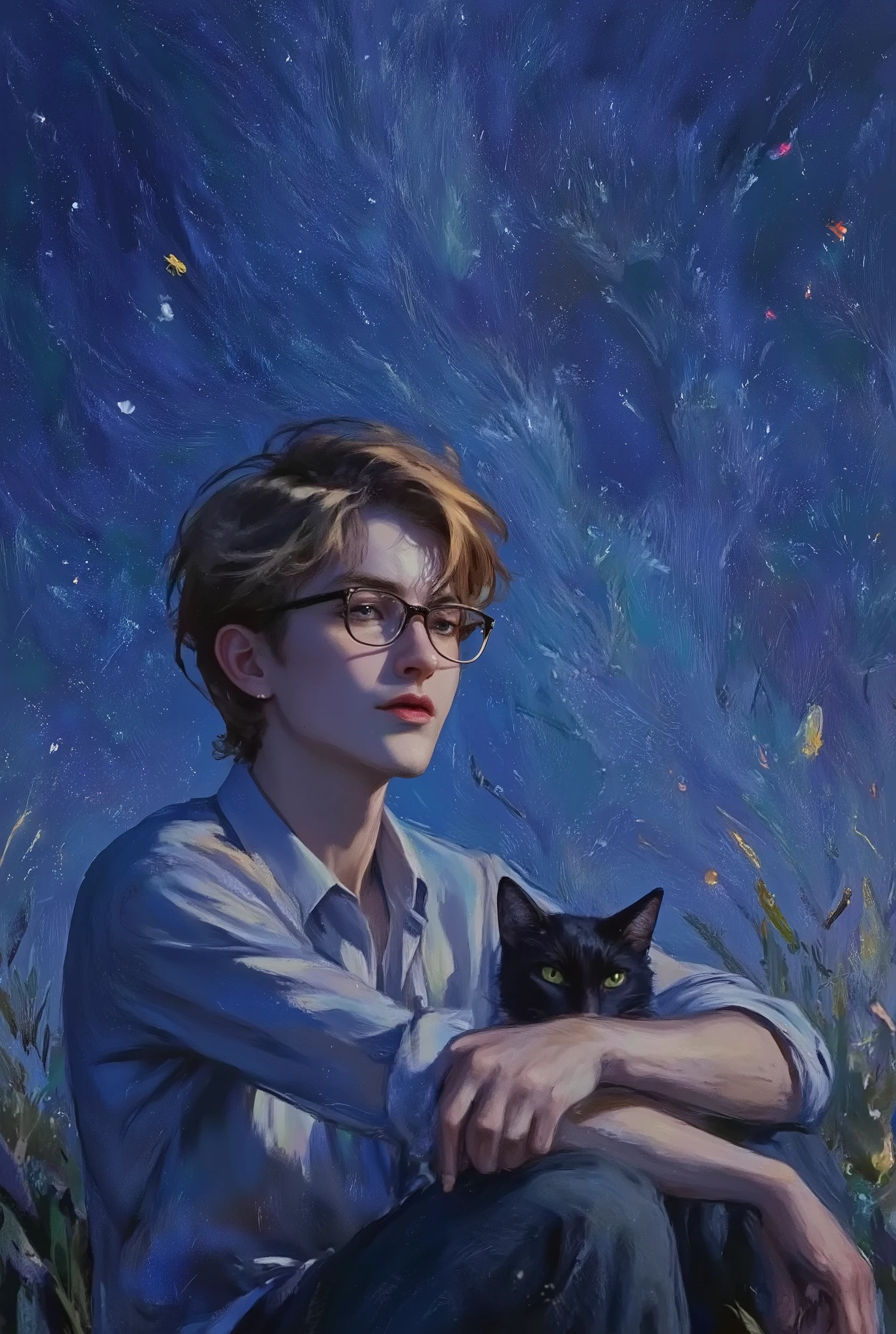 Starry night, field with fireflies, a young men with sad bright eyes, with blonde hair, in oversized shirt and dark trousers, sitting on the grass, watchin the stars, He has a black cat, And he is Introvert man / Man Wearing Glasses Not Smiling, He was holding a envelope /
