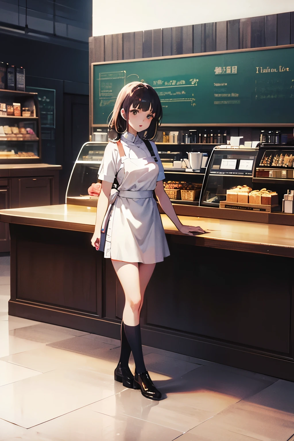 animation、high resolution、high resolution、Woman working in a coffee shop 、miniskirt、early morning、Soft light、retro interior、 beige apron 、