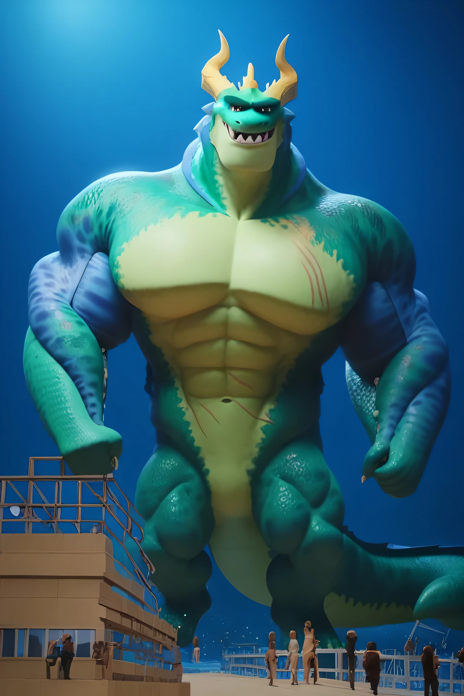 a giant muscular green dragon, golden chest, golden abs, green scales, big golden horns, long tail, 2 big wings, giant size, macro size, 50-foot size, full body, teeth, ginomous biceps, enormous pectorals, scars on his body, jungle background, blue sky background, extremely detailed, hyper cartoon, 8k, bigger cartoon open eyes, photocartoon, volumetric lighting, cinematic lighting, dramatic lighting, dramatic shadows, intricate details, ultra-detailed, hypercartoon, high quality, masterpiece, sharp focus, incredibly cartoon, 2d render, studio lighting.