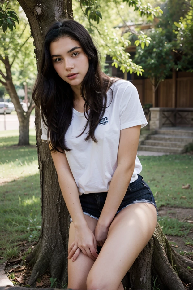 A 14-year-old white girl, black hair and blue eyes, very beautiful and with a very good body and a fit abdomen, plus a big ass, She wears denim shorts and a t-shirt 