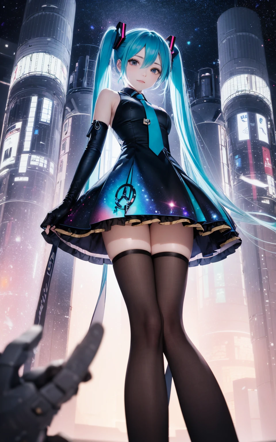 hatsune_miku\(vocaloid,cute, age of 15, emerald green hair,very long twin tails,big eye,emerald green eyes, sleeveless sliver shirts,open shoulder,black bell sleeves,emerald green neck tie,black short skirt,black garter thigh high boots,black headset,red tattoo written "01" at left shoulder,big smile,long leg,dynamic pose,full body\) is singing song at stage of very virtual space, BREAK ,quality\(8k,wallpaper of extremely detailed CG unit, ​masterpiece,hight resolution,top-quality,top-quality real texture skin,hyper realisitic,increase the resolution,RAW photos,best qualtiy,highly detailed,the wallpaper,cinematic lighting,ray trace,golden ratio\),dynamic angle