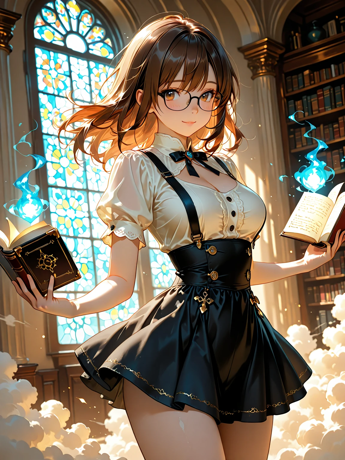 1girl:1.2; young girl:1.1; long wavy brown hair:1.2; glasses:1.1; cute face:1.1; alluring expression; small bust:1.1; cleavage:1.1; short white suspender mini dress:1.2; fantasy motif accessories _ soft skin texture, anatomically correct, slender body _ grand ancient library:1.2; glowing dragon-shaped chandeliers:1.1; floating books; stained glass windows casting colored light; volumetric lighting, soft godrays, dust particles in air, glowing runes, magical circles hovering _ first-person view:1.2; depth of field:1.2; cinematic lighting _ UHD, retina, highres, 4K, 8K, masterpiece, best quality, super detailed _ anime-style shading:1.1; vivid color harmony;detailed hands _ BREAK
