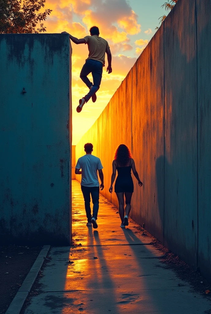 A man and a woman are facing each other in front of the embankment and waving their hands as they part ways.. The shadows of two people are reflected on the wall and the shadows are embracing each other. Filmed from above,((best quality)), ((masterpiece)), (detailed), perfect face