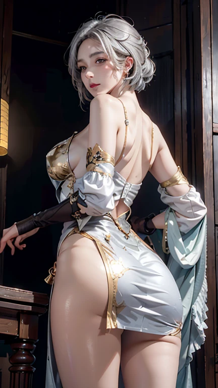 Realistic, High resolution, Soft Light,1 Female, alone, Hip Up, (Detailed face),tattoo, jewelry, Grey Hair,Long Hair,hair ornaments, Hair on one eye,,blue eyes,Earrings,Braided Ponytail,Puff sleeves,Gold border,gloves,Bodysuits,Large Breasts,Chest curtain, Shoulder cutouts,Covered navel,Hip vents,Clothing cutouts, Tassel, sinking river \(Genshin Impact\)