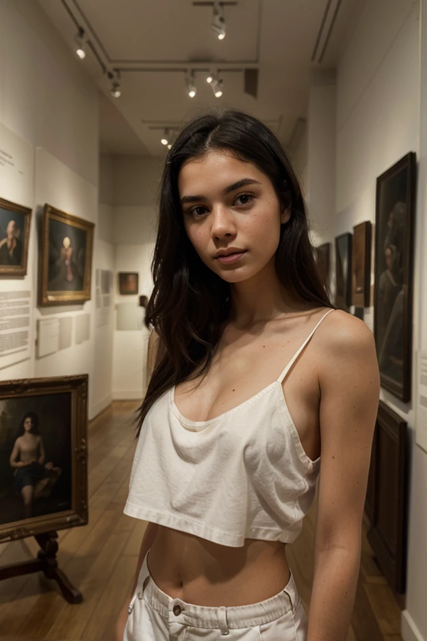 french female painter, 18yo, very skinny, anorexic, very small breast, speech, talking, explain something, talk to many old artist, open mouth, took photo between old male painters, between crowded, in the art class, very crowded, best quality, 4k, 8k, highres, masterpiece, ultra-detailed, realistic