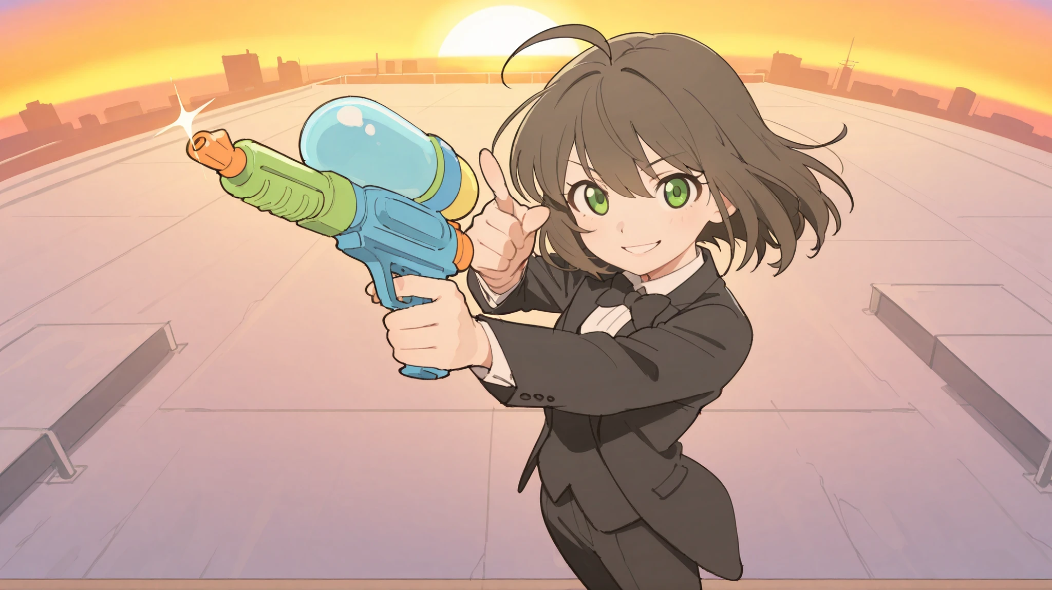 masterpiece, best quality, newest, absurdres, highres,view from above,
short dark brown hair, ahoge, shiny green eyes, 1girl, solo, happy and confident expression, bright cheerful smile, spy aesthetic, dynamic action pose, pointing a colorful toy water gun directly at the viewer, wearing a sleek black tuxedo suit with white shirt and black bowtie, standing confidently in an urban rooftop at sunset, breeze slightly moving her hair, glowing sky in the background, stylish and elegant spy girl design, beautiful lighting and soft colors, cinematic mood, cool and playful anime art style
