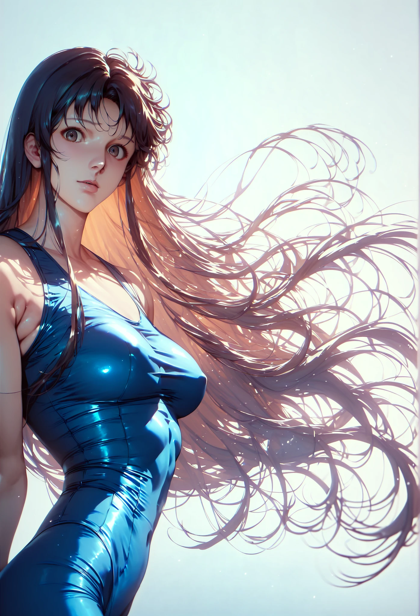 Hitomi Kisugi hair, Black long hair, bangs, small bangs turned to the side, brown eyes, tight clothes, blue tights, detailed image, detailed face, detailed body, looks at the viewer, Darling.