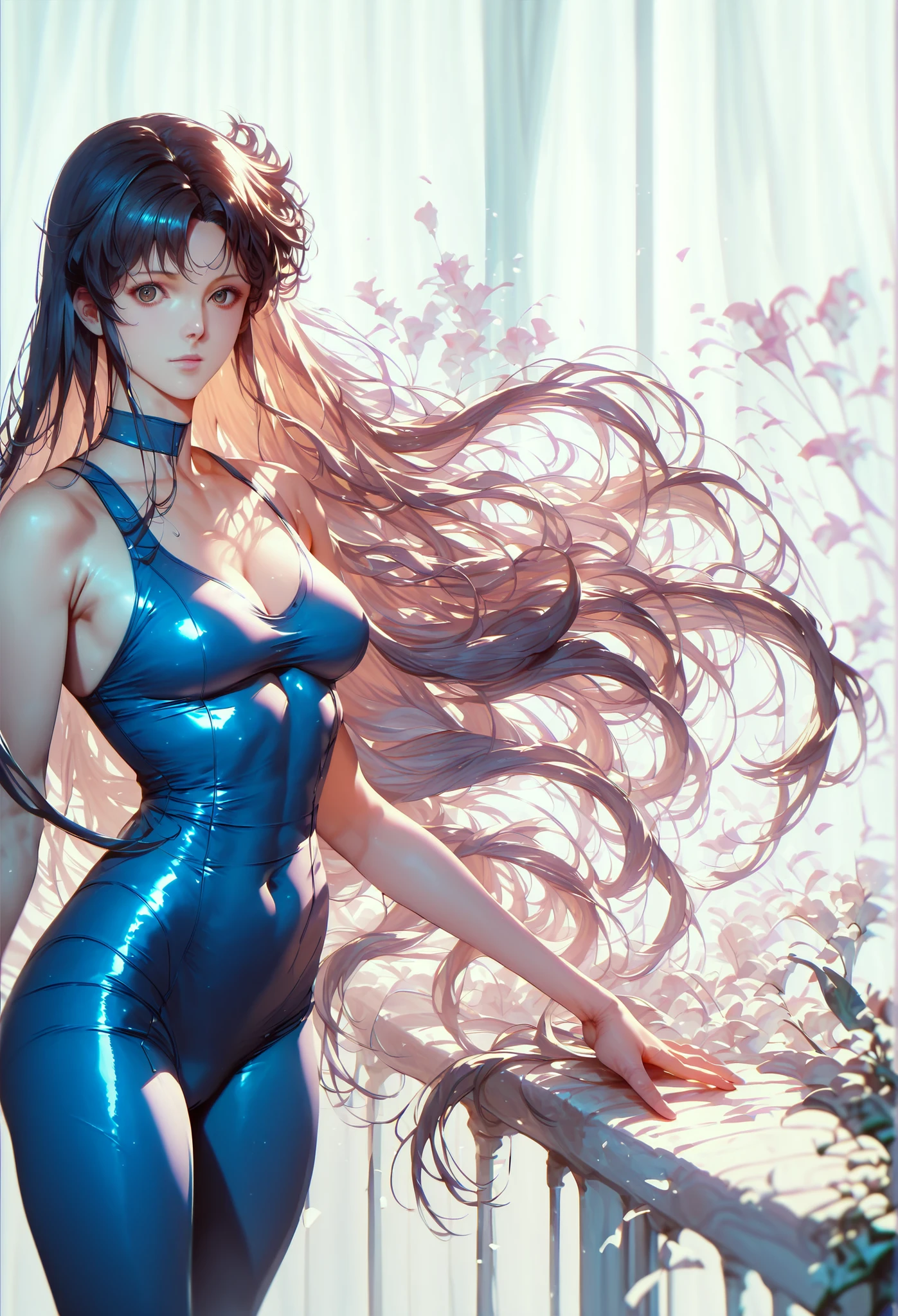   Hitomi Kisugi hair, Black long hair, bangs, small bangs turned to the side, brown eyes, tight clothes, blue tights, detailed image, detailed face, detailed body, looks at the viewer, Darling. 