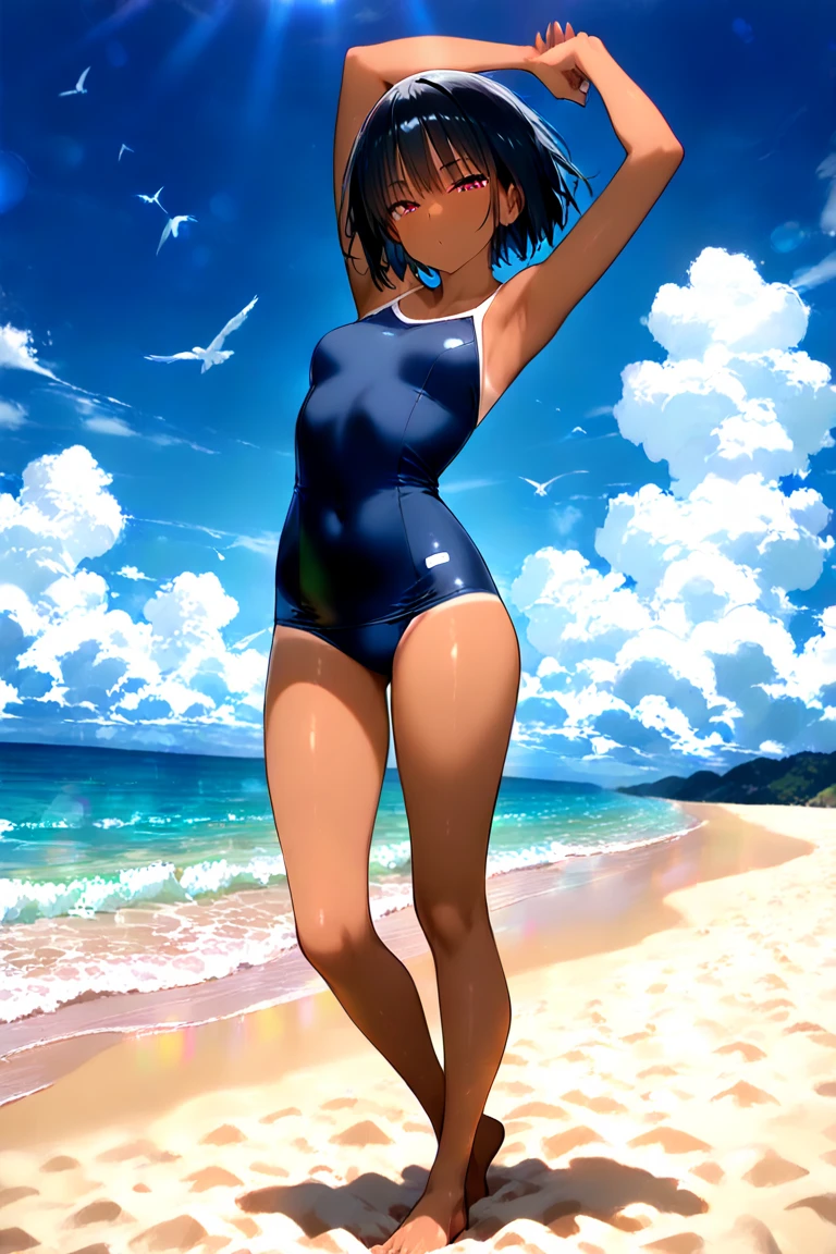 1girl、highest quality、Masterpiece、Official Art、Award-winning works、Standing in front of the viewer、vtuber-fullbody、Simple bikini、barefoot、short hair、depth of field