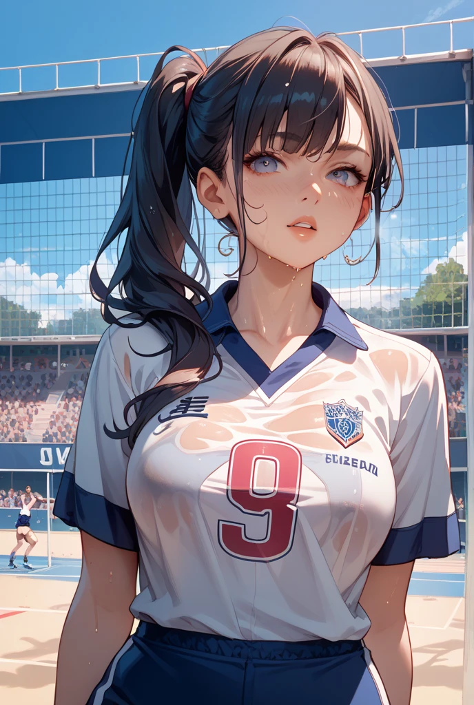 masterpiece:1.2, highest quality), Realistic, (live-action, Intricate details, Depth of written boundary), (One girl, alone), compensate, Lips parted, Very detailed, Perfect Face,
(Huge breasts:1.4), (Skin dents), Thick thighs, Wide Hips, Small waist, expensive, Glossy coral lips,
Redhead, Red eyes, ponytail,
(Girl playing volleyball, White volleyball uniform), (sweating:1.2), (Wet), sexy, Blushing,