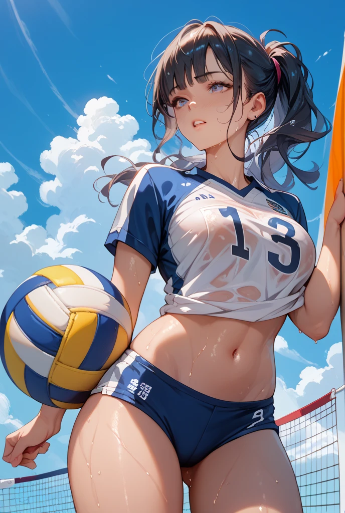 unity 8k wallpaper, anatomically correct, (((masterpiece))), (((best quality))), (((ultra detailed))), (((high-resolution))), ((super fine illustration)), ((Ultimate cutie)), detailed beautiful face, 2 girl, 17 years old, (potbelly), (curvy), medium breasts, ((Thick thighs)), shiny hair, ((evil smile)), smirk, (blush), BREAK, (((sports bikini))), (beach volleyball uniform), ((wrist bands)), ((kneepads)), BREAK, ((hold the Beautiful spherical shape 6-inch volleyball with both hands)), stylish pose, ((sweat)), (perspired), (heavy breathing), sense of depth, in beach volleyball court, in beach, lighting, from below, looking at viewers, cowboy shot