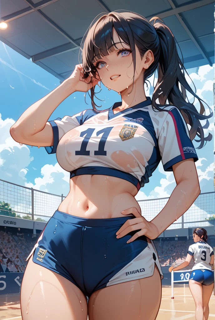 girl, Nico Robin, one piece, G-string、Very cute face、Large V-neck、Large Breasts , Big Ass , debt/16, 85mm, masterpiece, Anatomically correct, Super Detail, Attention to detail, high quality, 最high quality, High resolution, 4K、Natural smile、Model Pose、Cute pose、Monte Carlo Street Circuit, Racing Car, Racing Bike, Promotion Girl, Grid Girls, The promotional costumes are exquisitely tailored., paying meticulous attention to detail, Lace-up boots, Short sleeve, Cropped tops, Knee-length, Exposing shoulders, Knee-lengthグリッターナイロンプリーツスカート, Asymmetrical medium size nylon pleated skirt, Promotional wear with logo, Red and white glitter promotional wear、smile, Wink, Happy expression、Shallow depth of field