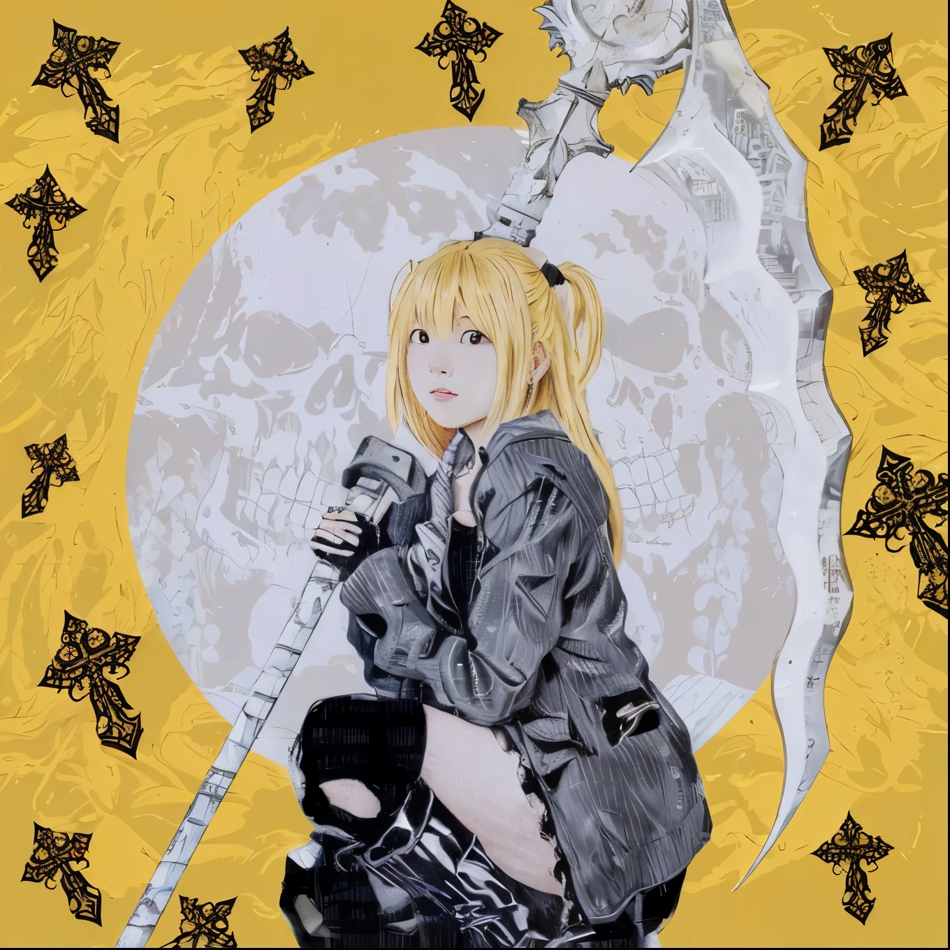 Yellow background, misa amane, death note style, scythe, moon background,, cross