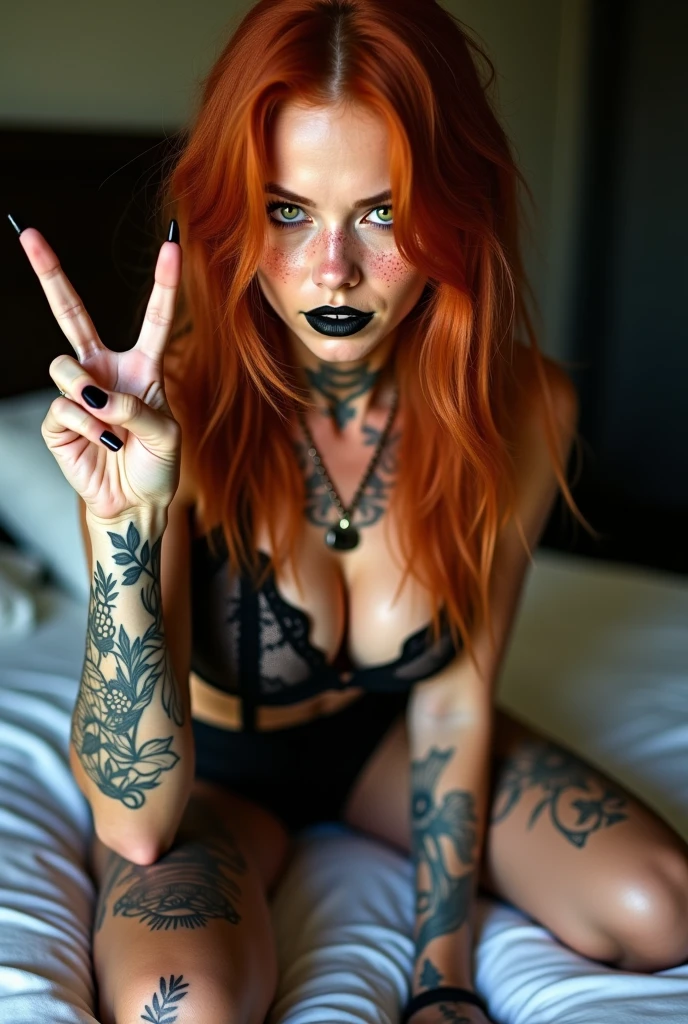 surreal painting, a single 3 woman, dark bedroom, lying in bed, naked, medium breasts, no panties, bulging pubis reddish hair, big ass, multiple tattoos on the body, skull rings, black sheets, parts, violet eyes,