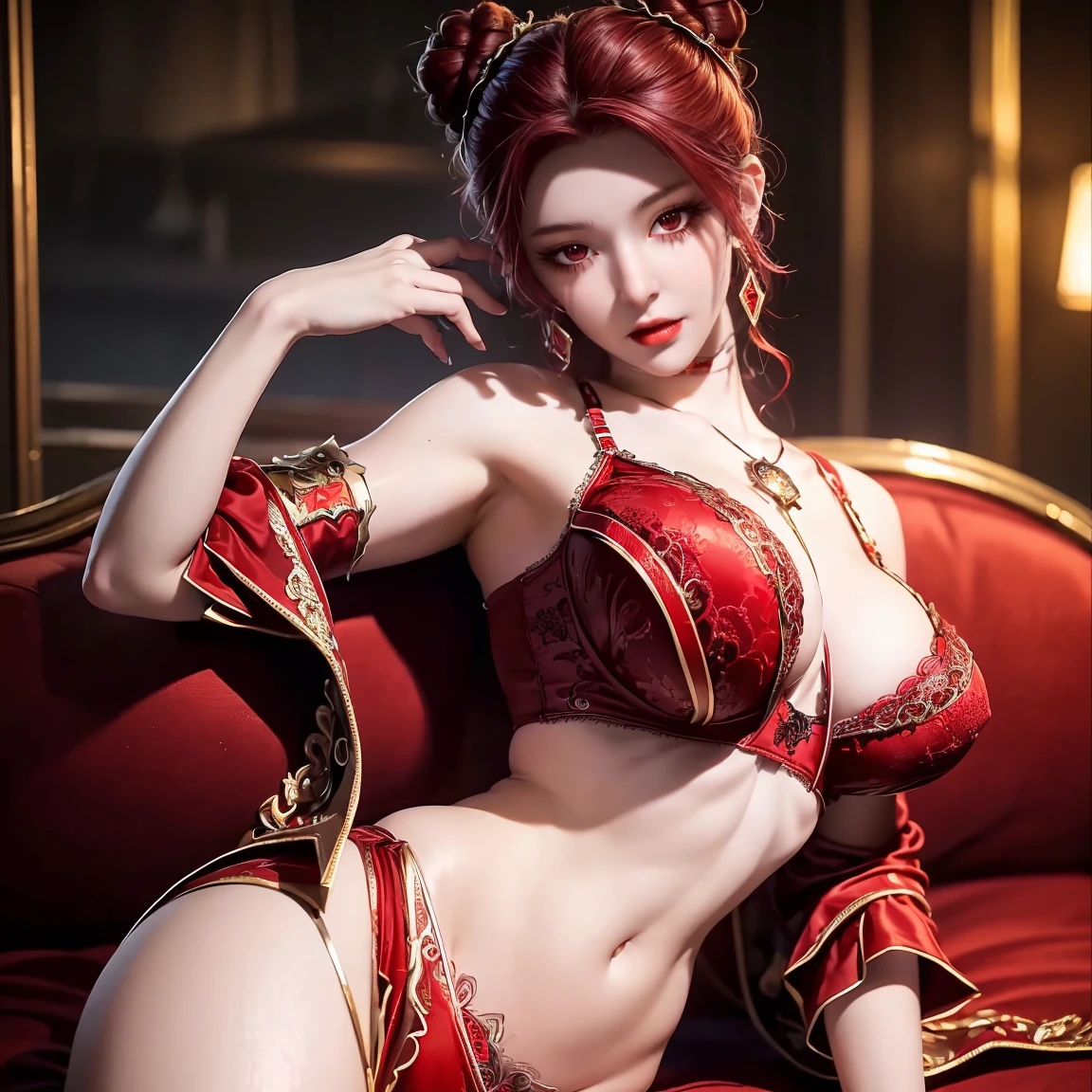 Create an image of Yang Guifei, the famous Chinese imperial consort, in an intimate and sensual setting. She should be depicted in elegant and luxurious traditional Chinese undergarments, featuring intricate silk designs with delicate lace and embroidery. Her long black hair flows gracefully, contrasting with the soft fabric of her attire. Yang Guifei is reclining on a sumptuous chaise lounge, surrounded by opulent elements such as silk drapes, ornate screens, and delicate flower arrangements. The background should evoke a sense of serene luxury, with soft, warm lighting that enhances her beauty and creates an intimate atmosphere.(((Red hair)))、(((In underwear)))、(((Leg spread)))