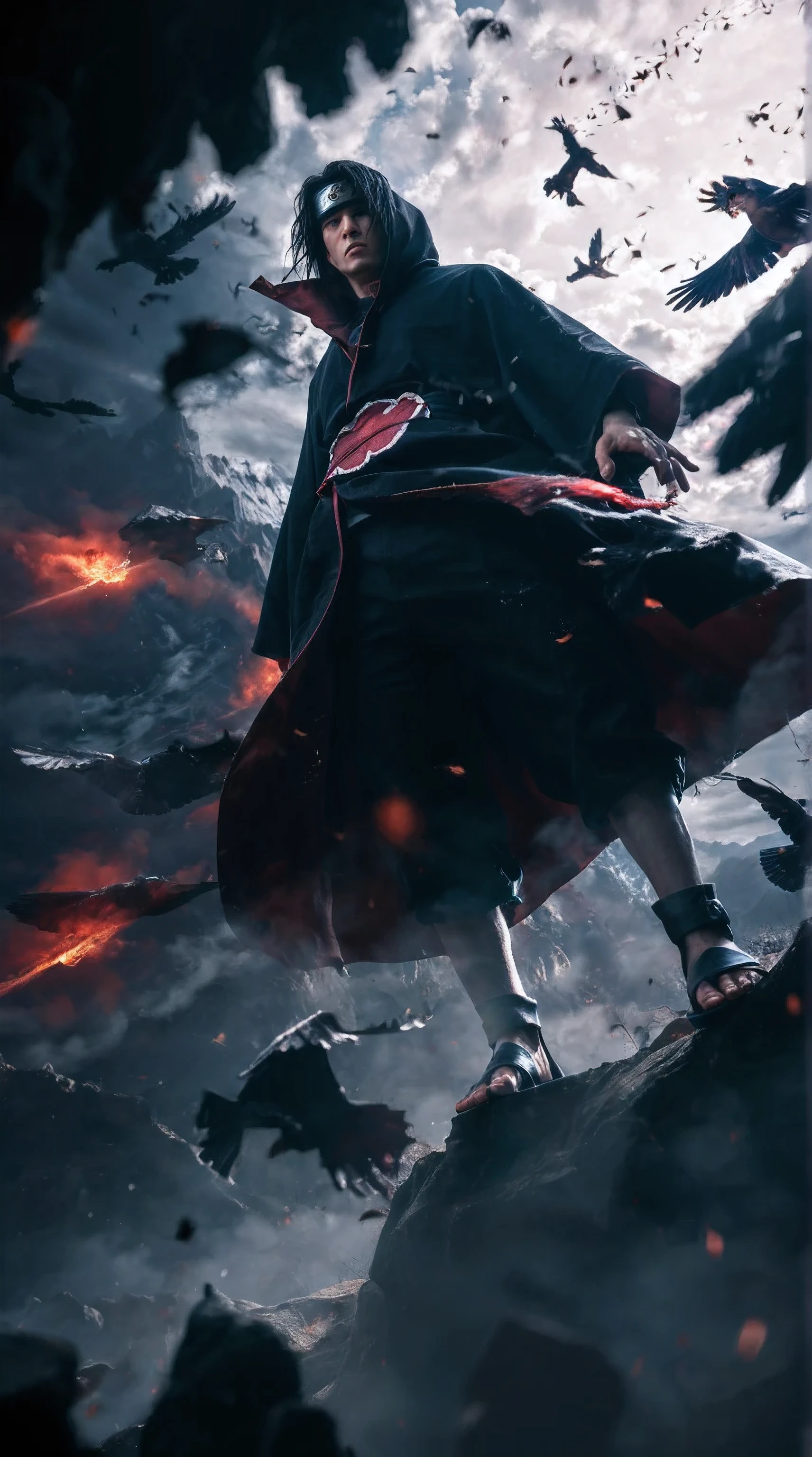 score_9, score_8_up, score_7_up, source_anime, detailed, wallpaper, beautiful details, itachi, itachi uchiha from naruto, 1boy, asian, male focus, ultra realistic, cinematic, dramatic perspective, low-angle shot, realistic mountain background, cloudy sky, rocky cliff, dynamic red lighting effects, flocks of crows in motion, embers and particles in the air, realistic wind movement, realistic male character, long black hair slightly messy, pale realistic skin, intense sharp eyes, serious expression, natural skin texture, visible pores and slight scars, detailed black cloak with red cloud patterns, realistic fabric physics, subtle cloth wrinkles, cloak fluttering in wind, black pants, traditional shinobi sandals, headband with metallic texture, hood up, cloak shadow details, realistic lighting and shadows, atmospheric fog in background, soft depth of field, cinematic color grading, high resolution texture, photorealistic composition