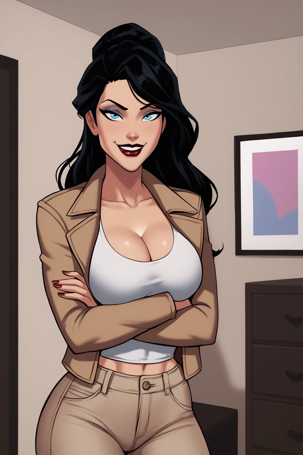 Cartoon style digital illustration Jennifer Connely in sexy firefighter uniform with beautiful medium sized breasts, Bblack hair, cartoon style digital illustration, cleavage and sesy pose portrait mode 