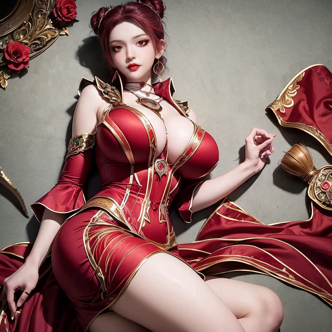 Young woman in red dress sitting at a table with a vase of flowers, Beautiful Fantasy Empress, Red-haired queen in heavy red armor, Red-haired goddess, ((Beautiful Fantasy Empress)), Trending on cgstation, Beautiful, charming anime women, anime goddess, Ruean Jia and Art Germ, Woman in Red Armor, Beautiful Tang Dynasty Performance