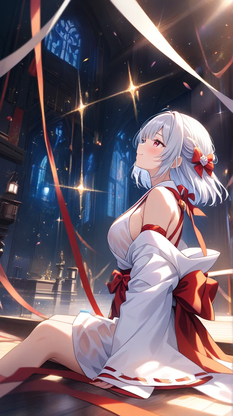 ((masterpiece)), ((Best quality)), (high resolution), (illustration), (an extremely delicate and beautiful), (ultra detailed beautiful face and eyes), nsfw, 1girl, leaning forward, YukineChris, long hair, purple eyes, twintails, low twintails, ahoge, large breasts, fishnet pantyhose, red a bow tie, volumetric lightning, detailed skin texture, detailed, volumetric shadow, anime screencap,Highest quality, Sorceress, ancient babylonian nobility, ((tan skin:1.2)), (brown skin color),Long hair, twin braids, hair ornament, wine colored hair, smile, Below average size breasts, bare shoulders, (underboob:0 Legs apart、Ready your gun?、Stretching arms forward to accentuate cleavage 8K, masterpiece, Best_quality, high_resolution, ultra_details, detailed, 1girl, 独奏, looking_at_viewer, upper_body, indoors, braid, blurry, bangs, white_hair, blurry_background, collared_shirt, church, hair_ribbon, hair_between_eyes, stained_Glass,sidelocks, depth_of_field, light_particles, window, french_braid, Alphonse Mucha Style, sharp focus, perfect hands, perfect face, perfect eyes, perfect light, dynamic light, natural light, Masterpiece, Best quality, red dress