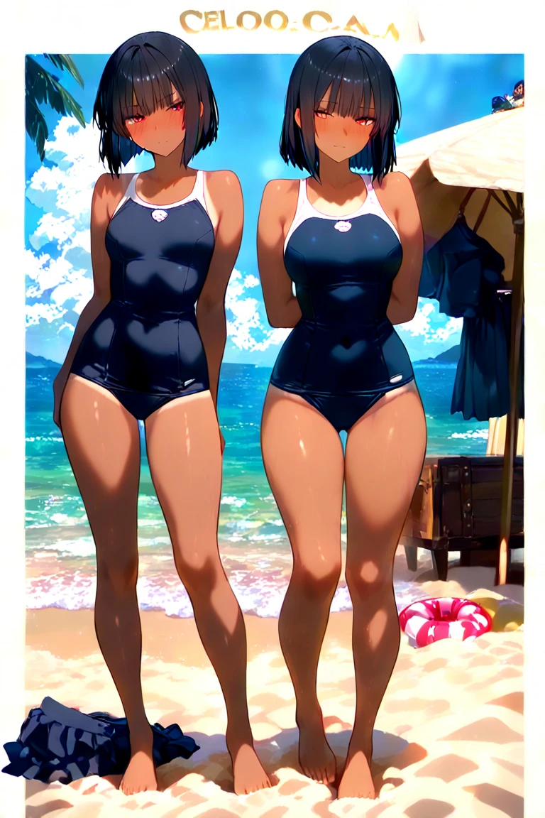 A pale skinned girl with sky blue eyes, short black bob hair, freckles on her face and huge breasts with freckles, small ass, big thighs wearing a blue full swimsuit on a beach