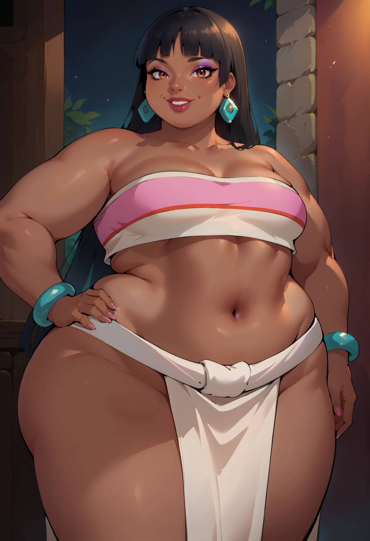 score_9, score_8_up, score_7_up, source_anime BREAK 1girl, solo, cheldorado, 1girl, solo, long hair, breasts, smile, bangs, black hair, navel, bare shoulders, jewelry, earrings, midriff, dark skin, blunt bangs, bracelet, dark-skinned female, lips, crop top, hand on hip, strapless, makeup, pelvic curtain, tube top, loincloth cowboy shot,