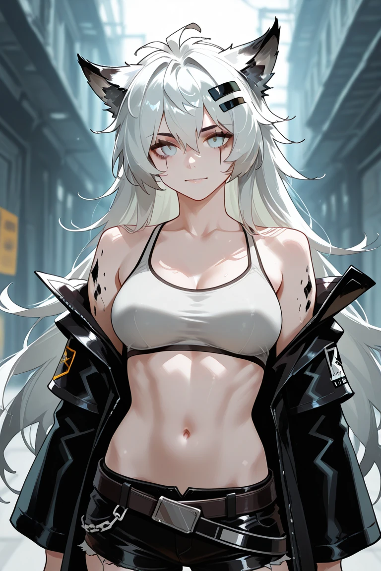 (defaultz style), (pale skin, Yellow eyes, white colored hair, Disheveled ponytail hair, big ass, big breasts, (tight abs), skinny body), (Hand covers, bare top), Best Quality, expressive eyes, a perfect face, Detail Eyes, sitting on a gaming chair