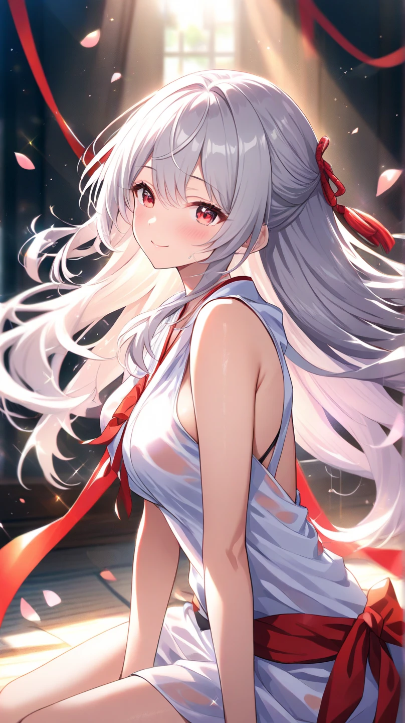 Masterpiece, best quality, 1girl, rain, messy hair, incredibly long hair, smile, shyness, gray hair, purple eyes, delicate jewelry, navel, white shorts, hanfu, chinoiserie, red slip dress