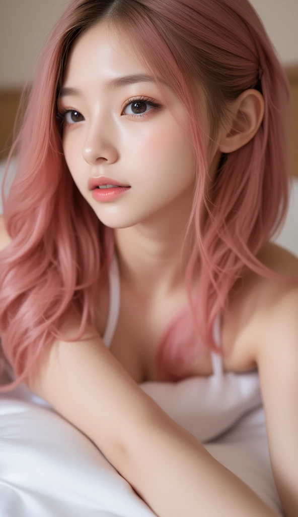 (masterpiece), (high quality), (8k resolution), (RAW photo), (best quality), (masterpiece:1.5), (realistic:1.5), ((photo realistic)), vibrant details, hyper realistic,1girl, (cute:1.2), beautiful, high-quality and detailed face, perfect face, (pink hair:1.4), rosy cheeks, detailed eyes, (blue eyes),colorful eyes,(watery eyes),nsfw, , slender body, looking at viewer, closed mouth, real human skin, shiny skin, mid breasts, ((school uniform)), sitting, bed,