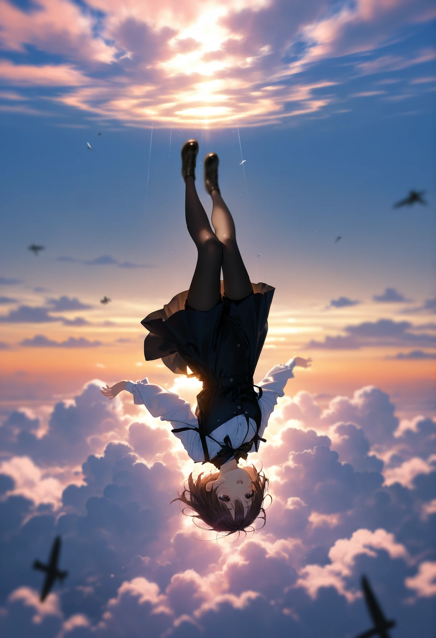 depth of field, high definition image,girl with a beautiful and detailed face,Floating,Free fall,in the clouds