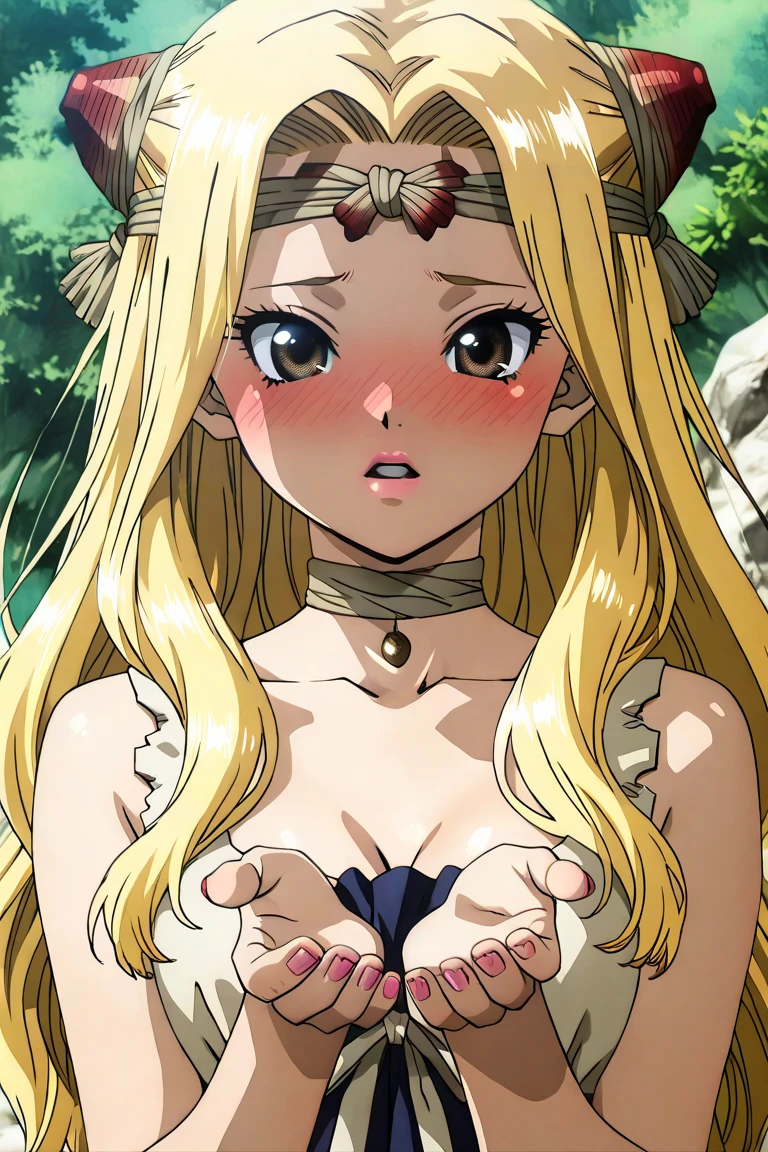 a beautiful detailed anime girl with large chest, Blonde twin tails, bunny ears, blushing face, frowning expression, Blue eyes, earrings, Android 18 style, realistic, high resolution, high detail, masterpiece, (best quality,4K,8k,highres,masterpiece:1.2),ultra-detailed,(realistic,photorealistic,photo-realistic:1.37),vivid colors,studio lighting,bokeh,whole body