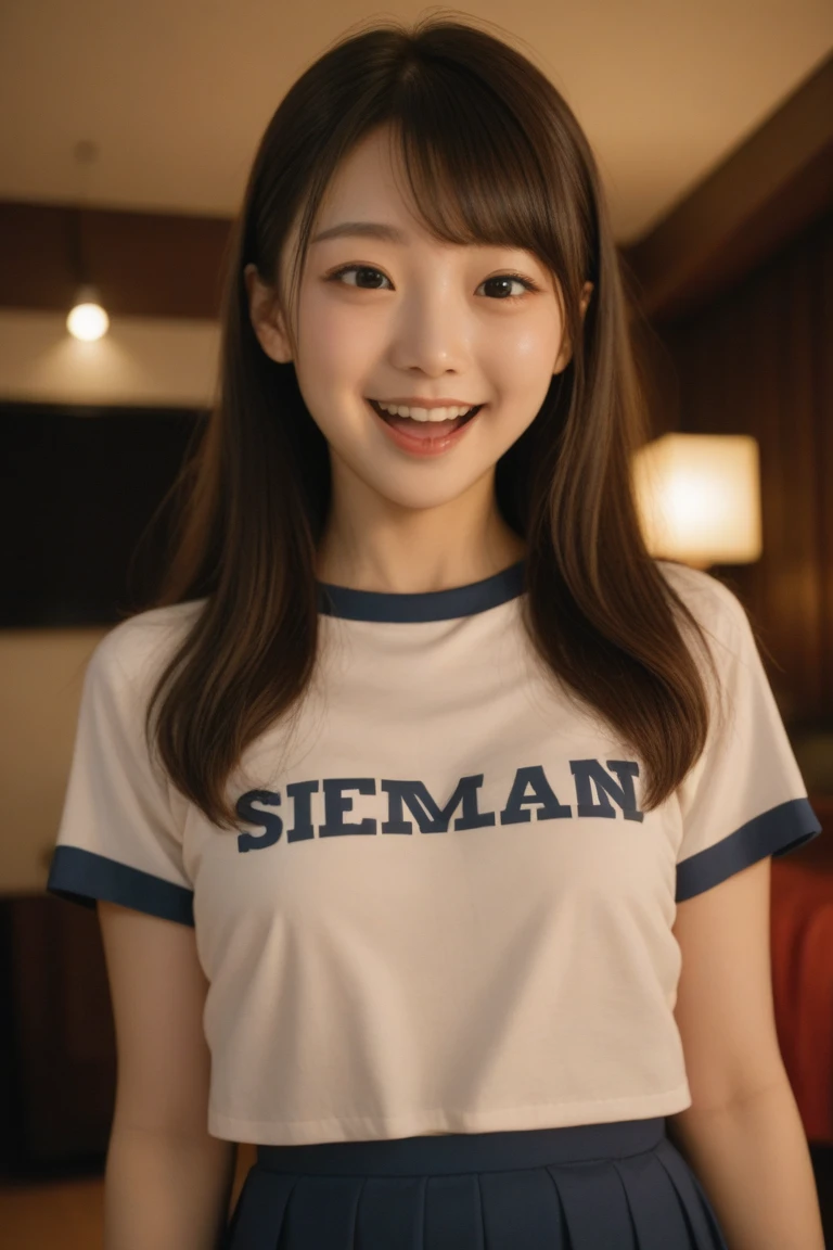 (8x_NMKD-Superscale_150000_G, 8k, best quality, high resolution, masterpiece), ((simple background)), (cowboy shot), (((Standing, arms behind back))), (1girl, 18 years old, smile), ((((t-shirt, blue buruma))))