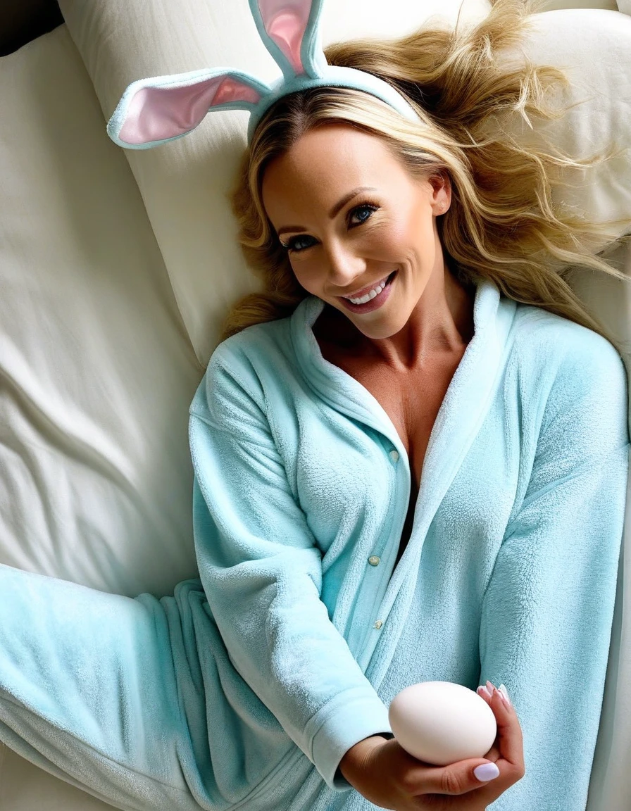 Man in stuffed animal Easter Bunny monster costume carries topless beautiful thong pornstar Kelly Madison in his arms embrace cuddling kissing sitting on lap nsfw