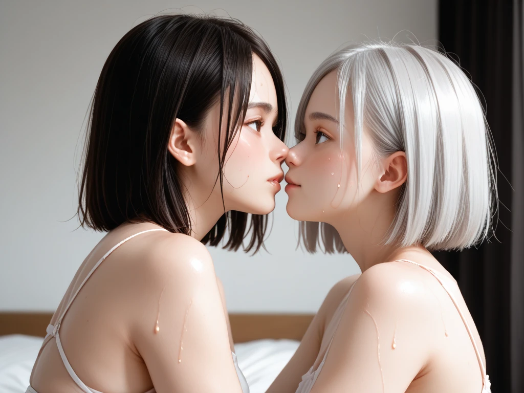 (Moonlit Confession),moon,Two women kissing,A girl with long blonde hair and a girl with short silver hair