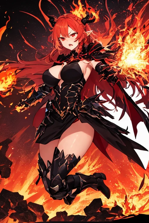 ((best quality)), ((masterpiece)), (detailed), perfect face, 1girl, solo, black and red armour, horns, ashes, molten lava, fire breath, large breasts, black legwear, ultra detailed, highest resolution, best quality, gorgeous lady