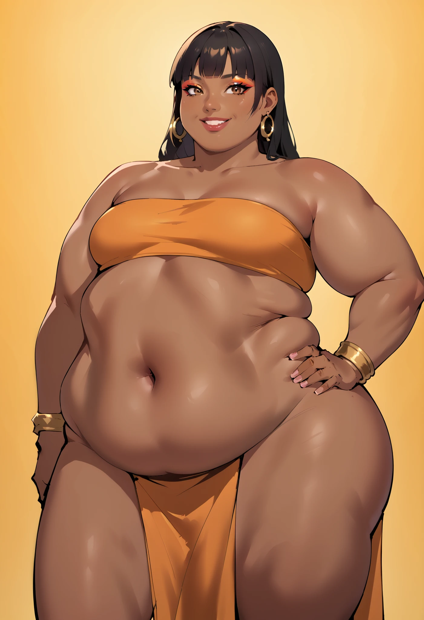 score_9, score_8_up, score_7_up, source_anime BREAK 1girl, solo, 1girl, solo, long hair, breasts, brown eyes, smile, bangs, black hair, navel, bare shoulders, jewelry, earrings, midriff, dark skin, blunt bangs, bracelet, dark-skinned female, lips, crop top, hand on hip, strapless, makeup, pelvic curtain, tube top, loincloth cowboy shot, full body, fat, 500 lbs., SSBBW