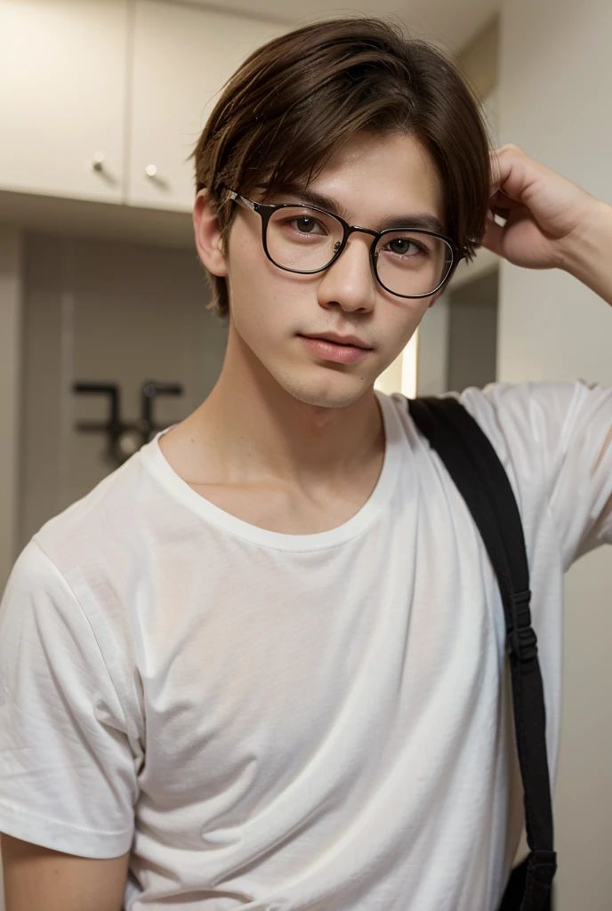 A very beautiful boy, White skin, fine features, light brown eyes, light brown hair, small slanted eyes, serious look, sad look, unclothed, In the living room, discreet glasses, naked, whole body, whole body, big pointed nipples, very defined pectorals, the boy is very masculine,