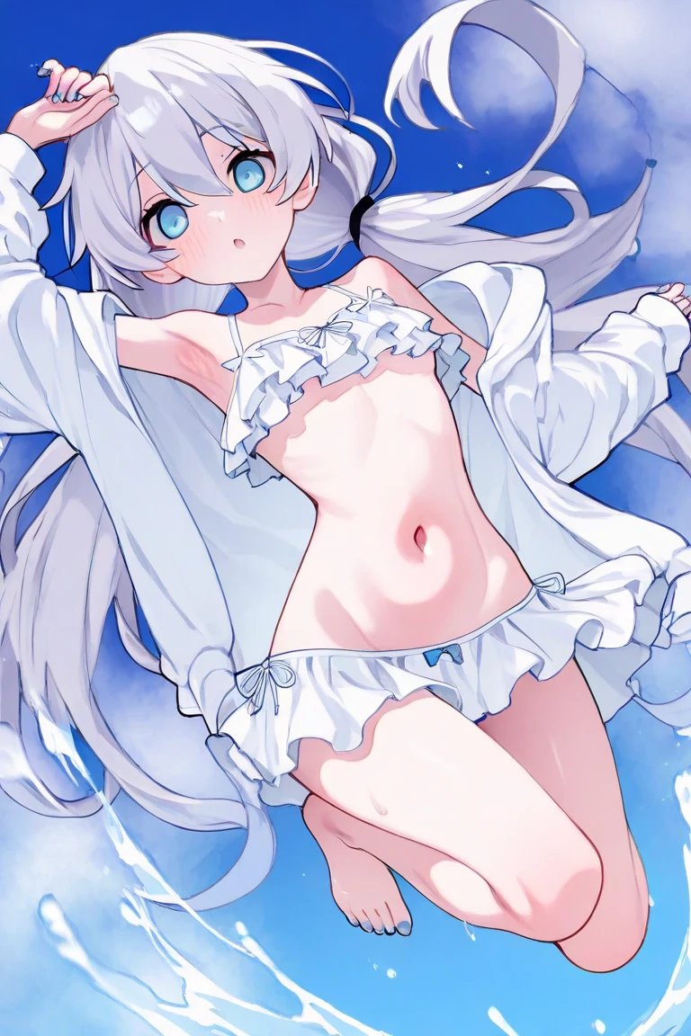 1girl, Angle from below:1.8, The girl bends forward to show off her breasts、legs apart, (Blade), (Tanned shiny black skin:1.6)、Glowing Eyes, ((Sexy evil grin)), (10 years old girl), blondes、Twin tails、forehead、Small breasts, hat, ((((arabian white clothes, see-through)), (headband), (Areola Slip), small breasts, (jewelry)))、desert, ((sahara)), ((focus crotch))、(手を頭の後ろで組む), (crotch),((foot)), ((acrobatic pose)), 