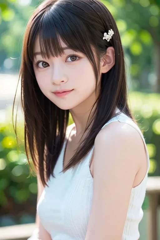 highest quality, High resolution, Realistic photo, Detailed skin texture, (Cute 8 year old Japanese girl wearing a short white lace camisole), (Flat Chest:1.5), To the camera, Slim figure, Fair skin, View your viewers, Focus on the face, Straight long hair, In the park with cherry blossoms falling, (loli:1.2)