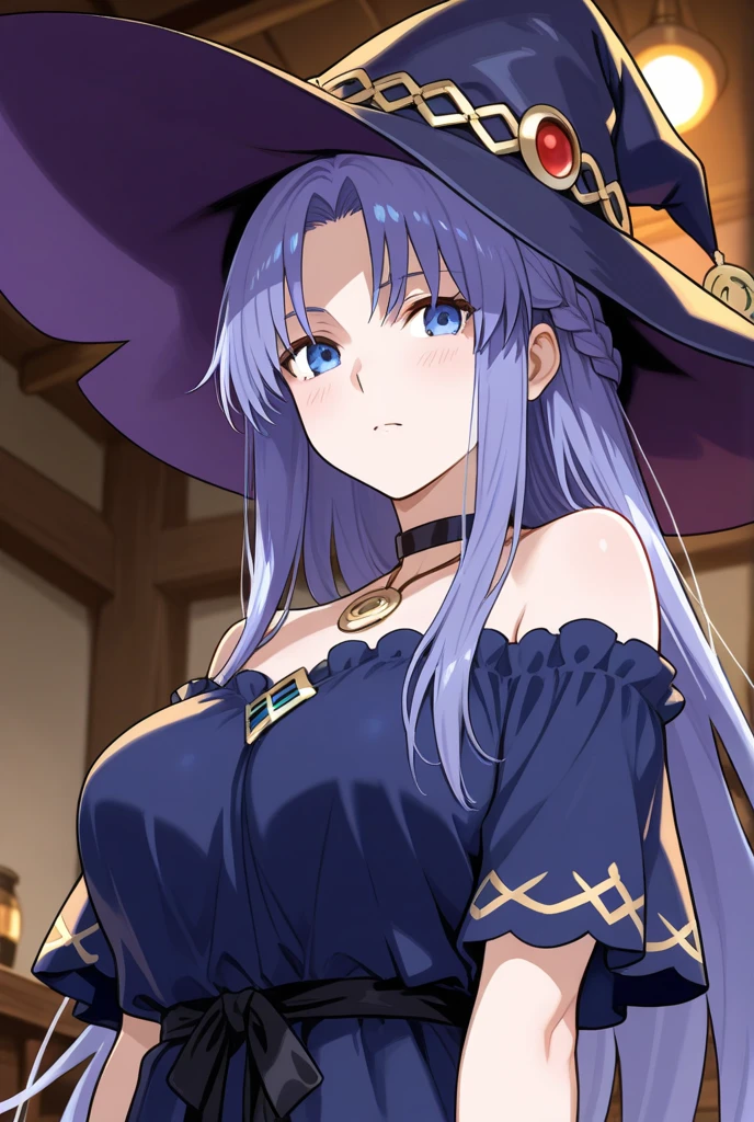 very huge , witch hat, emotionless, uniform, cleavage, crop top outfit, purple hair, closed mouth, smile, upperbody, long hair, cleavage,