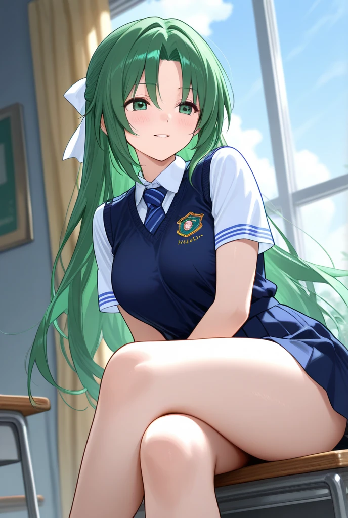 score_9, score_8_up, score_7_up, source_anime, <lora:Erection Under Clothes-000012:1> erection under clothes, <lora:SHionAdapt0.5 15:0.8> sonozaki shion, green hair, long hair, green eyes, yellow ribbon, white shirt, blue necktie, pleated skirt, black kneehighs