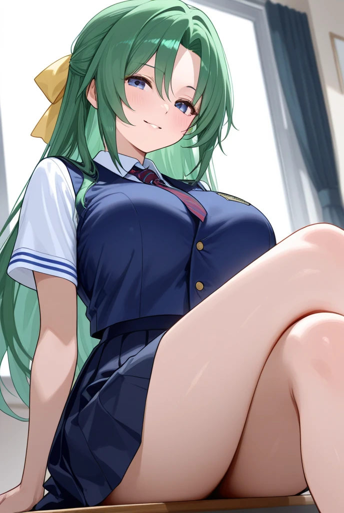 hot、Sigh, Very large breasts, squat,Spread your legs、Hands behind head、Green hair twintails、Cheerleader、mini skirt、Very wet、Composition looking up from a little below.、Simple Background、White panties、blush、Knee-high socks、