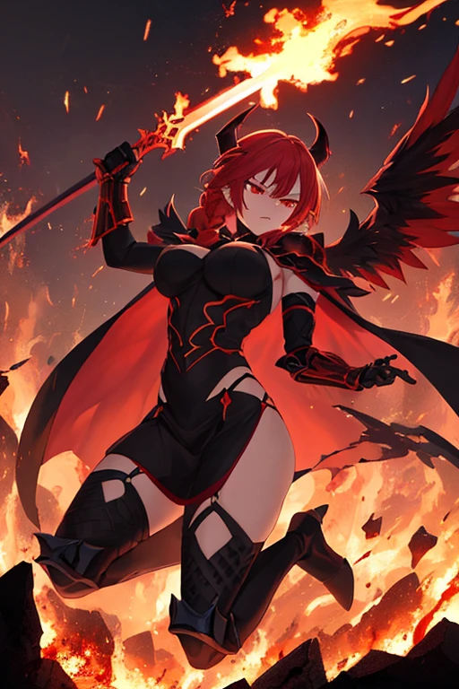 Short red hair,dark green eyes ,elf ears,4 earings in each ear, pyramid necklace ,petite athletic body, large D-cup breasts ,firm cleavage,big pouty red lips,bright yellow halo,horns,large wings on back,black plate mail armor,plare armor leggings, metal gauntlets,chest plate armor,glowing broadsword in attack stance,in german Gothic castle courtyard, night time,full moon with a cloudy night sky,fangs,bat wings,lightning, skull on black belt ,crows,skulls,vampire fangs,ornate eched armor,