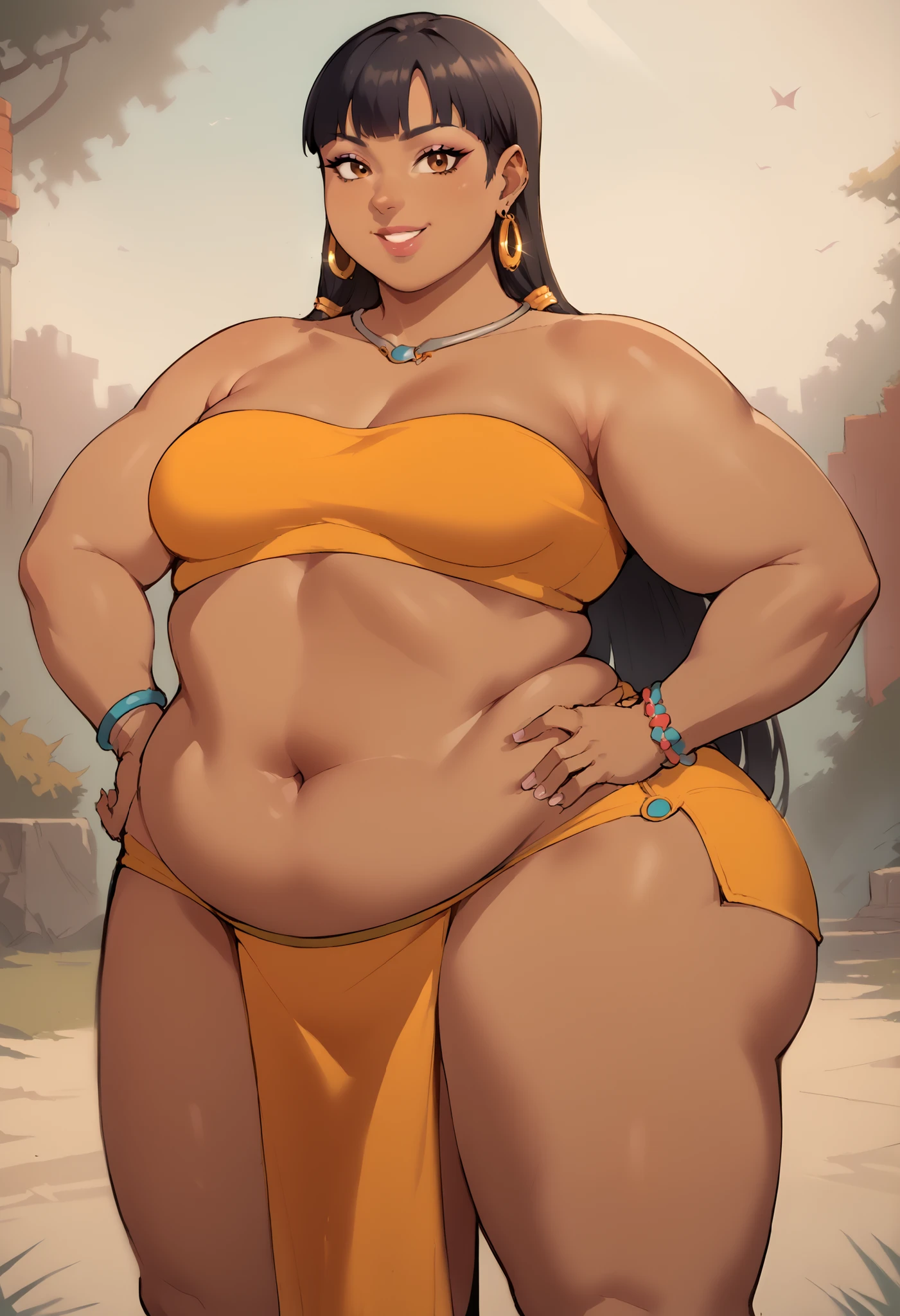 score_9, score_8_up, score_7_up, source_anime BREAK 1girl, solo, 1girl, solo, long hair, breasts, brown eyes, smile, bangs, black hair, navel, bare shoulders, jewelry, earrings, midriff, dark skin, blunt bangs, bracelet, dark-skinned female, lips, crop top, hand on hip, strapless, makeup, pelvic curtain, tube top, loincloth cowboy shot, full body, fat, 500 lbs., SSBBW, outside