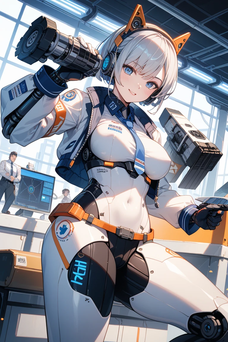 ((1 cyborg woman)),((huge breasts, naked breasts, naked pussy, completely naked, blue clitoral piercing)),((standing, futuristic room)),((serious face)),((with many Bubian hair, with scientist's coat)),((short hair with two short gray ponytails, bright yellow eyes)),((facing the viewer, holding a tablet)),((standing in futuristic room )),