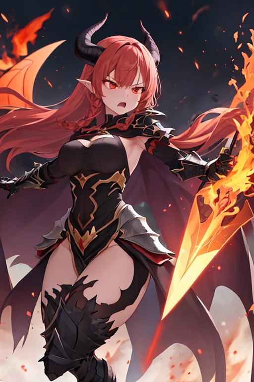 a mystical warrior woman with short red hair, piercing blue eyes, and red dragon-like horns, wings, and tail, wearing intricate dark purple armor with gold plating, wielding a flaming sword and emanating powerful fire magic, disappointed look, dragon tattoo on her stomach, exposed stomach, purple clothes, dragon tattoo