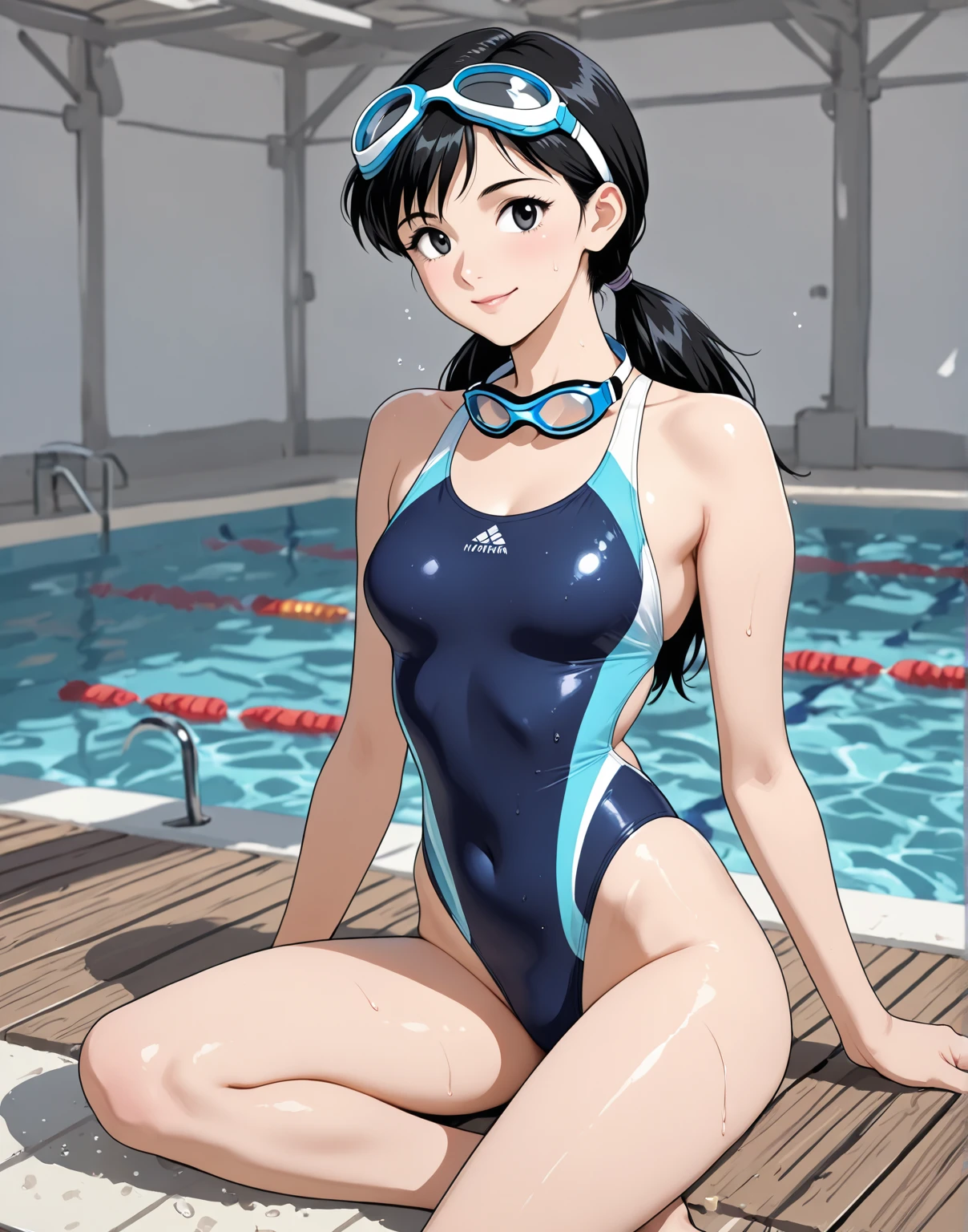 1lady solo, from side, sitting on poolside floor, (competition swimsuit) stylish, (mature female:0.8), /(brown hair/) bangs, blush kind smile, (masterpiece best quality:1.2) delicate illustration ultra-detailed, large breasts BREAK (swimming pool) indoors, course rope, hanging flags, detailed background