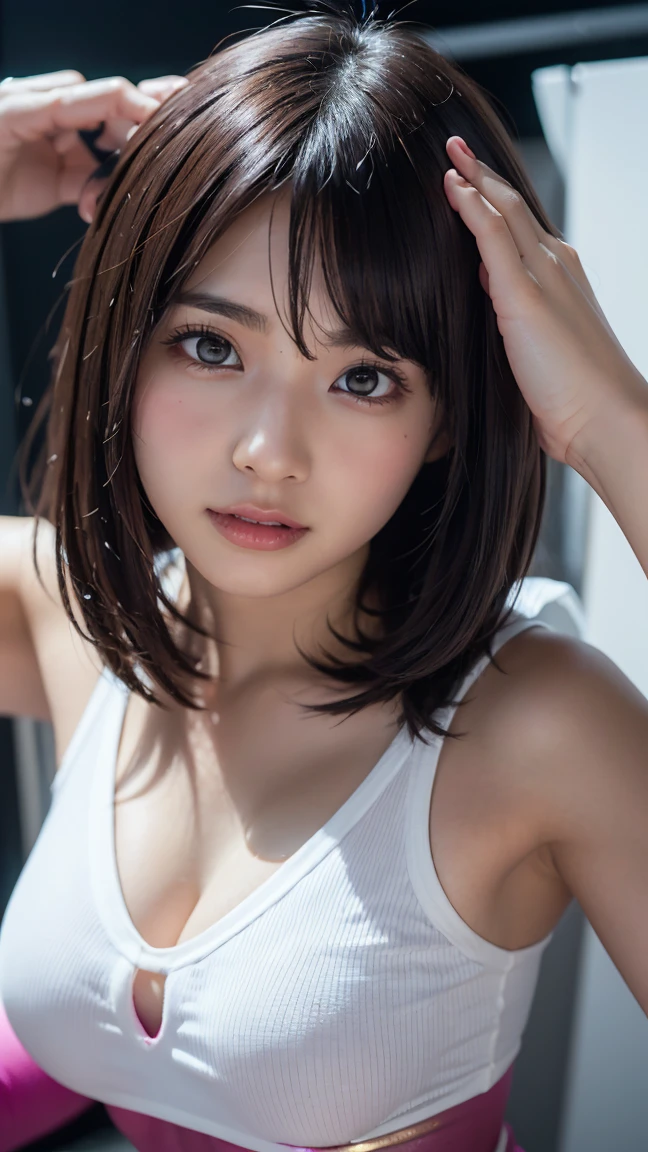 (8k, Photorealistic, RAW Photos, Best image quality: 1.4), Japanese girl、Short Bob、Super detailed face、Eye on the details、double eyelid、Sharp focus:1.2、Beautiful woman:1.4、Light brown hair、Highest quality、masterpiece、Ultra-high resolution、(Photorealistic:1.4)、Highly detailed and professionally lit smiles、(White dress:1.5)、blush、Open your mouth a little、Watery eye、amount、erect nipples、slouch、Cleavage、Small breasts