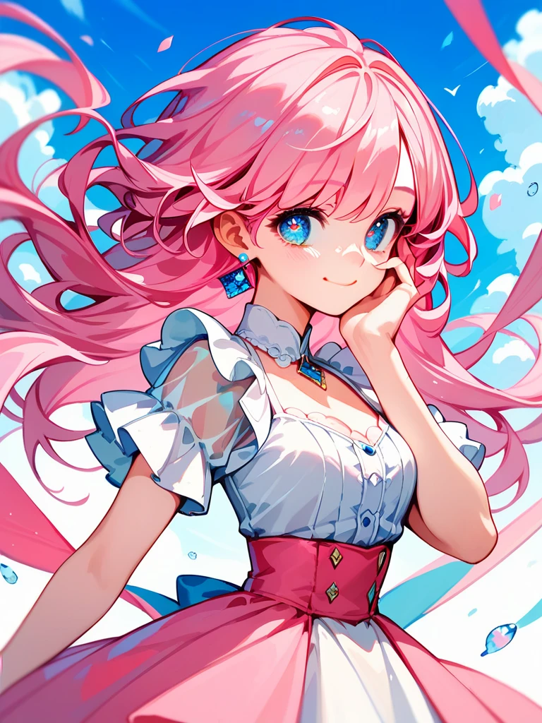 (8k high quality), (2d high quality), (high anime quality), (beautiful girl), (beautiful face), (shining pink hair), (beautiful blue eyes), (beautiful wristwatch), (beautiful silver necklace with heart pendant), (shining smooth skin), (grinning face), (looking up), (top shot), (beautiful white uniform), (close chest)