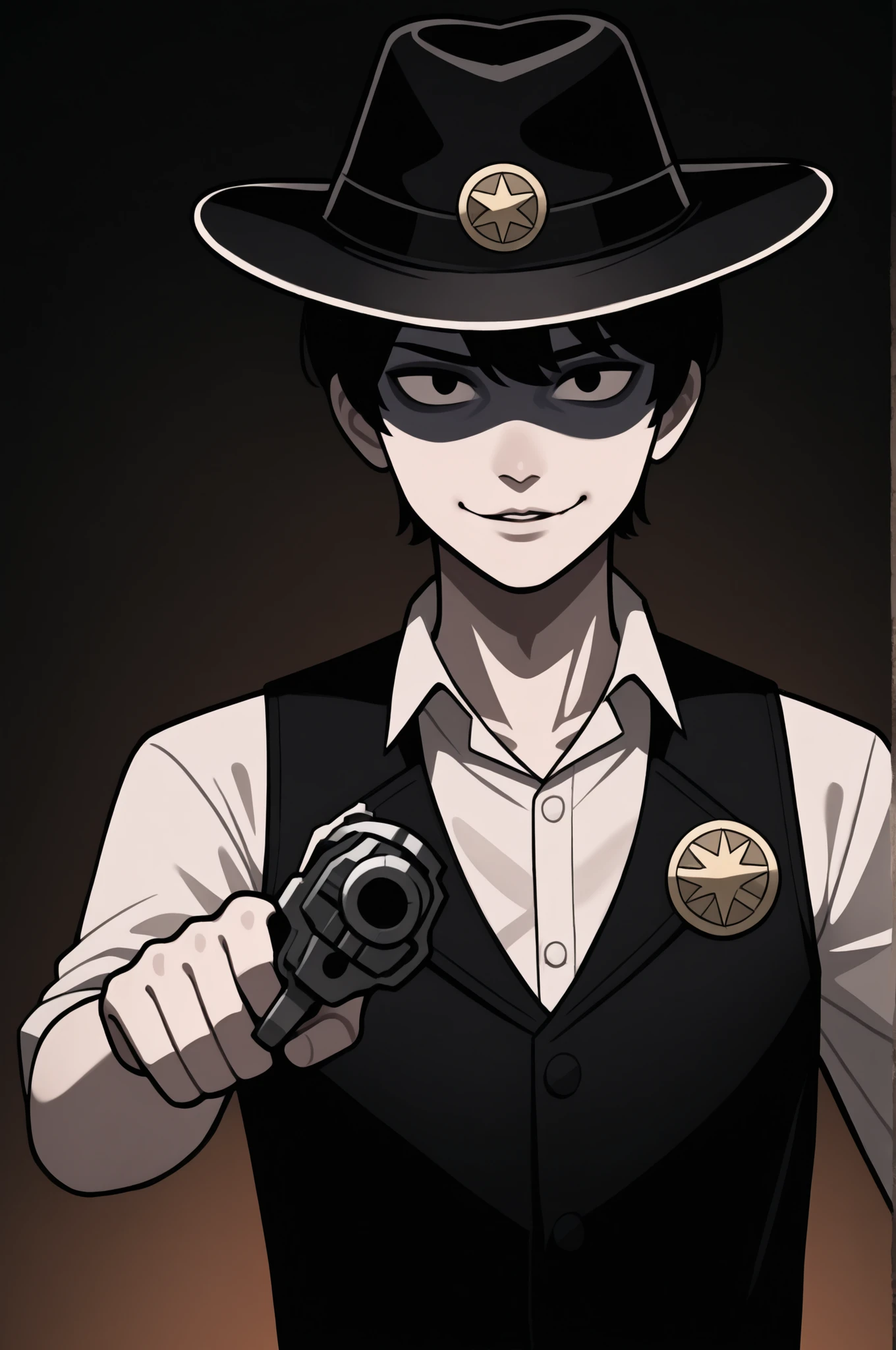1man, Short black Hair, black cowboy hat,3/4 view pale porcelain skin tone, black cowboy vest, psychopathic face, aiming revolver at viewer