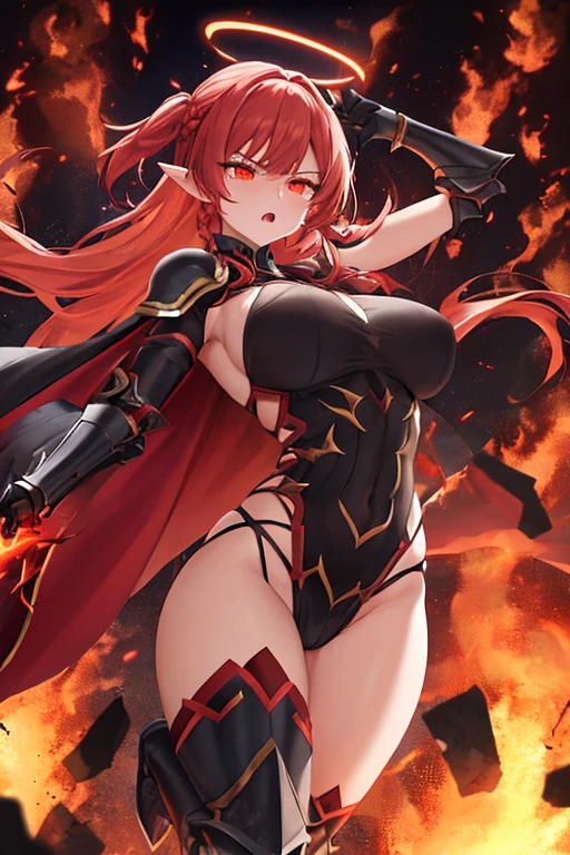 Calypso, a giant 70 meter sorceress, emerges from an erupting volcano, his obsidian skin shining with the reflection of magma. Her long red hair falls in cascades over her shoulders.. Naked and powerful, stands on the top of the mountain, His posture is majestic and seductive, with one leg forward and one hand on his hip. His eyes, full of fire and desire, They look at the tiny humans at their feet. With a fierce smile, slowly sits over a village, destroying houses and streets under his burning ass. Her sculptural body radiates an aura of volcanic eroticism., enveloping everyone in a spell of desire and submission.
